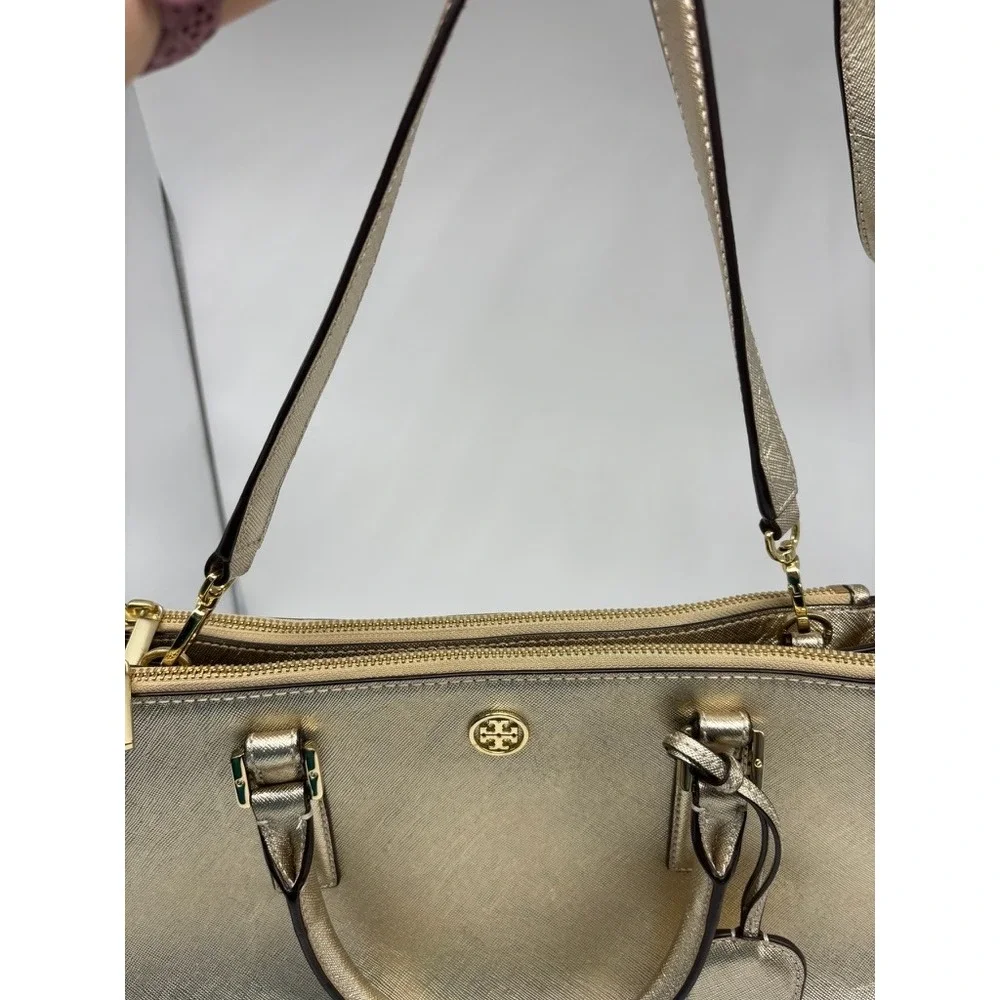 Tory Burch Robinson Satchel Medium Gold Metallic Saffiano Leather Bag